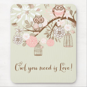 Tapis De Souris Hiboux et cages à oiseaux roses rustiques Mousepad