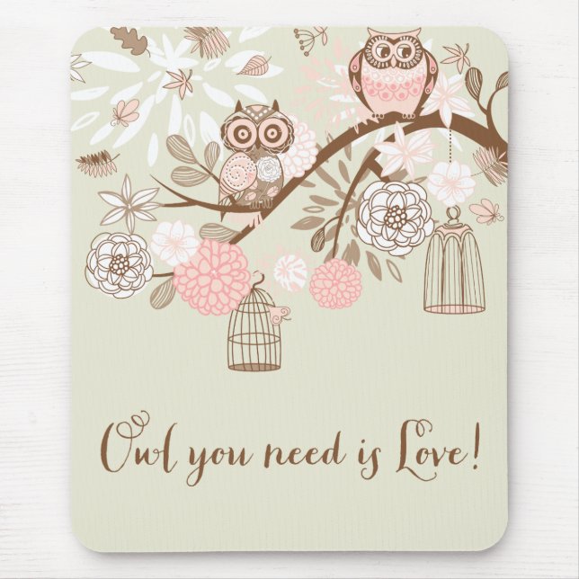 Tapis De Souris Hiboux et cages à oiseaux roses rustiques Mousepad (Devant)