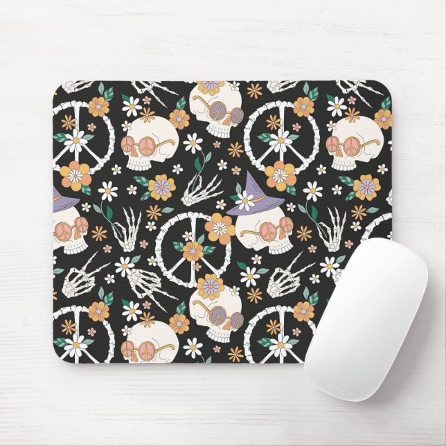 Tapis De Souris Hippie Halloween Skulls et Fleurs Motif (Avec souris)