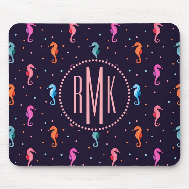 Tapis De Souris Hippocampes d'aquarelle sur le motif de bleu (Devant)