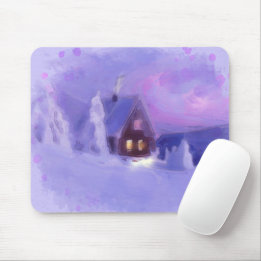 Tapis De Souris Hiver Haut Des Montagnes Chalet Blanc Firs