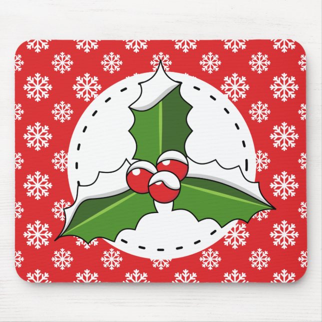 Tapis De Souris Holly Berry on Red White Snowflakes (Devant)