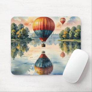 Tapis De Souris Hovering Hot Air Balloons in Lake Water Reflection