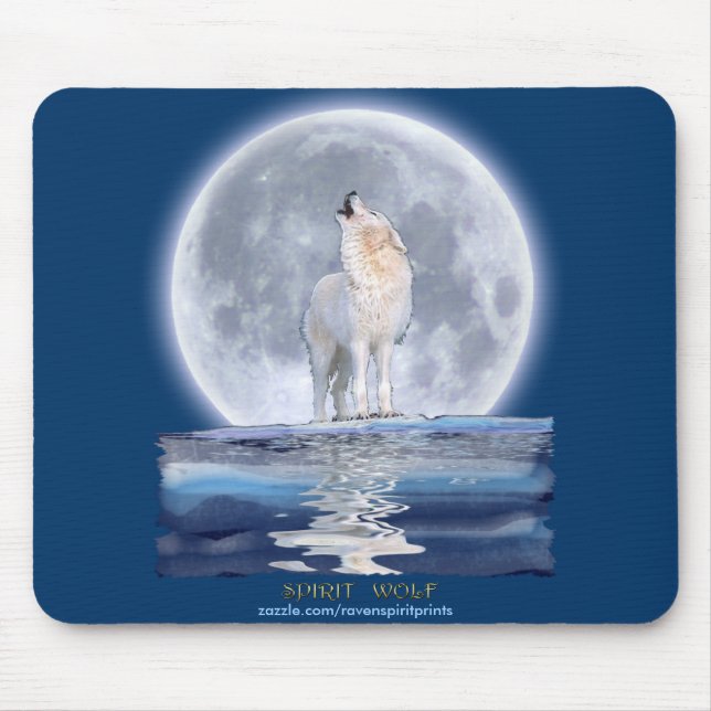 Tapis De Souris Howling White Wolf & Moon Wildlife (Devant)