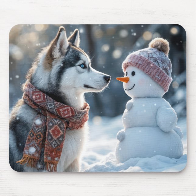 Tapis De Souris Husky Sibérien À la pointe d'un bonhomme de neige (Devant)