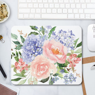 Tapis De Souris Hydrangea Pivoine Florale de Printemps Bleu Aquare