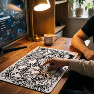 Tapis De Souris Icônes de jeu d'art gribouillé blanc