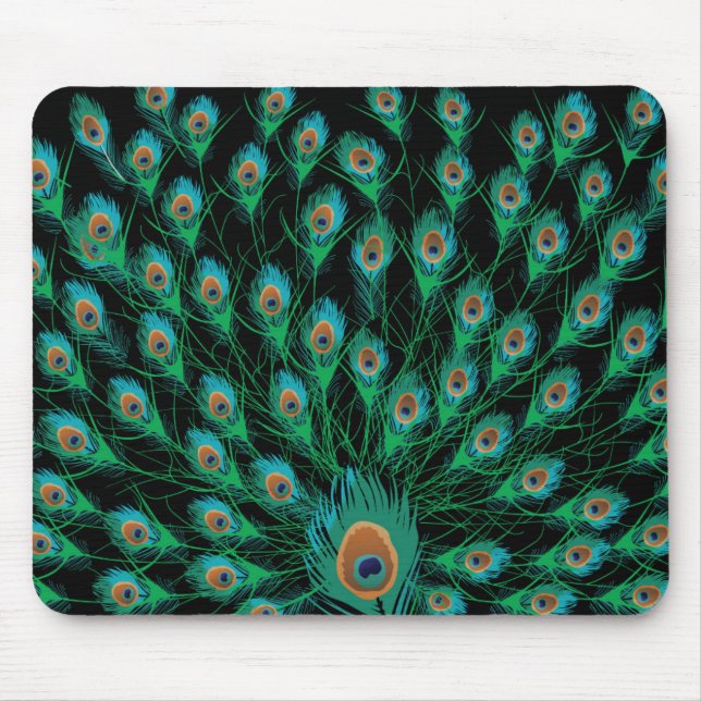 Tapis De Souris Illustration avec des plumes de paon sur le noir (Devant)