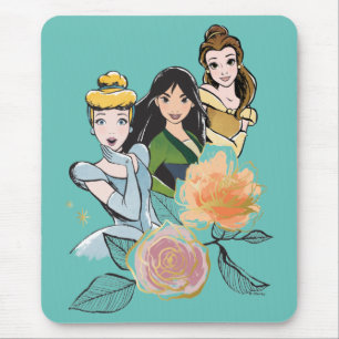 Tapis De Souris Illustration de Cendrillon, Mulan et Belle Florale