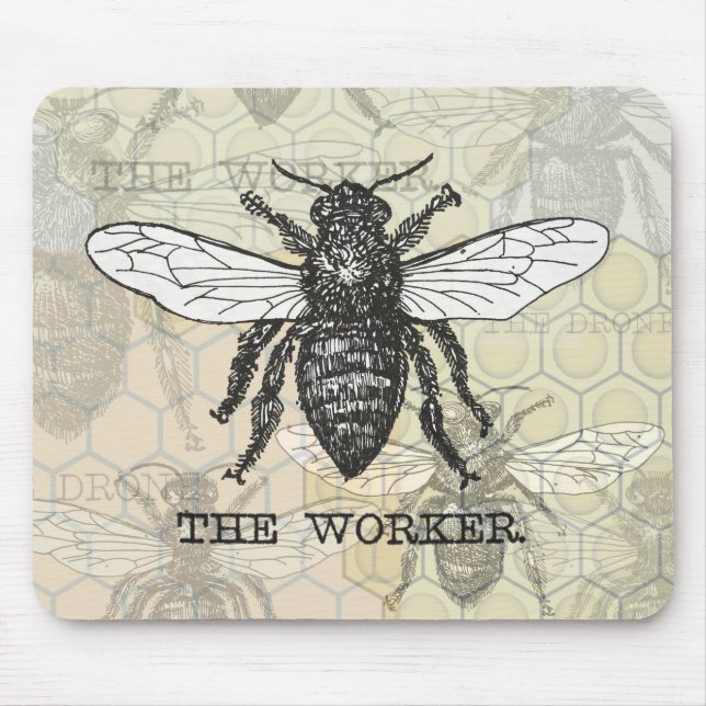 Tapis De Souris Illustration de l'abeille du travailleur vintage (Devant)