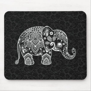 Tapis De Souris Illustration de l'éléphant floral blanc Paisley