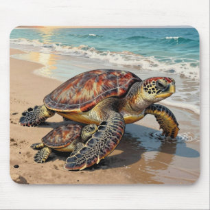 Tapis De Souris Illustration de tortue marine et bébé sur la plage