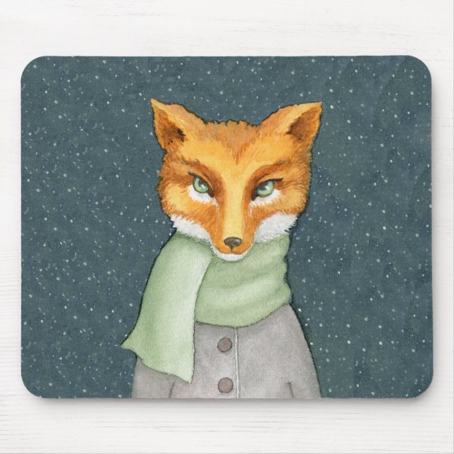 Tapis De Souris Illustration du renard dans l'écharpe d'hiver (Devant)