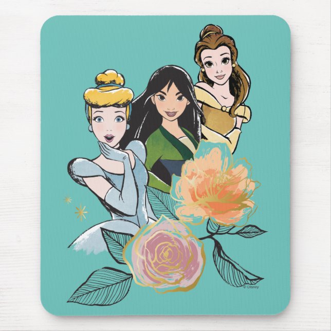 Tapis De Souris Illustration florale Cendrillon, Mulan et Belle (Devant)