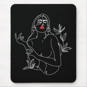 Tapis De Souris Illustration Line Art. Femme en noir et blanc