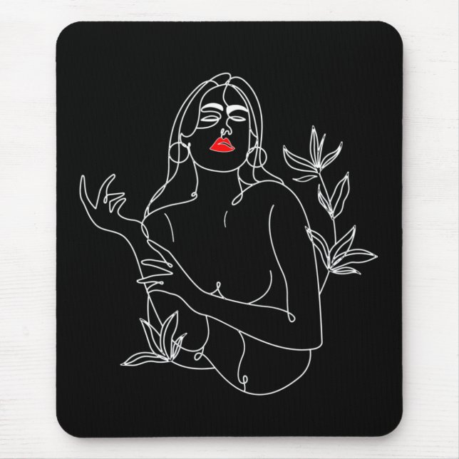 Tapis De Souris Illustration Line Art. Femme en noir et blanc (Devant)