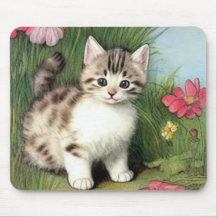 Tapis De Souris Illustration vintage de chat avec Fleurs rouges