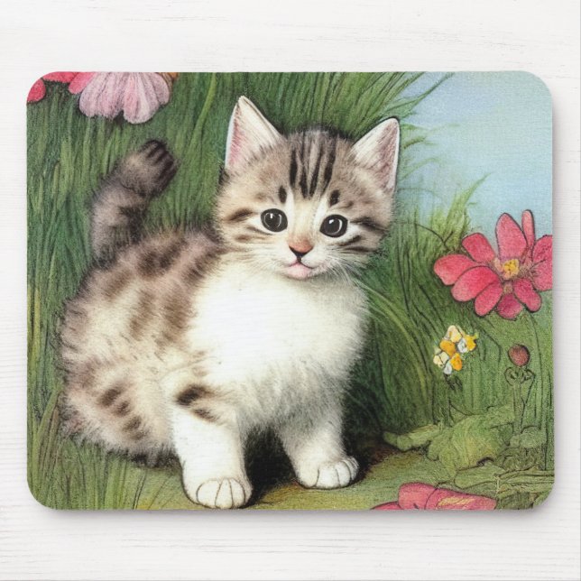 Tapis De Souris Illustration vintage de chat avec Fleurs rouges (Devant)