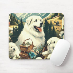 Tapis De Souris Illustration vintage des chiens des Grands Pyrénée