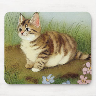 Tapis De Souris Illustration vintage Kitten avec fleurs