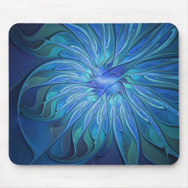 Tapis De Souris Imaginaire Fleur Bleue Motif, Art Fractal Abstrait (Devant)