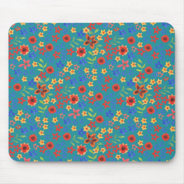 Tapis De Souris Impression florale rétro chic sur Mousepad Turquoi (Devant)