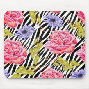 Tapis De Souris Impression Zebra avec rose chic et violet floral