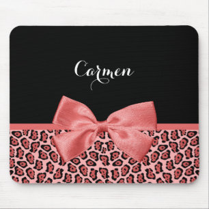 Tapis De Souris Imprimé jaguar corail et noir avec un joli nœud et