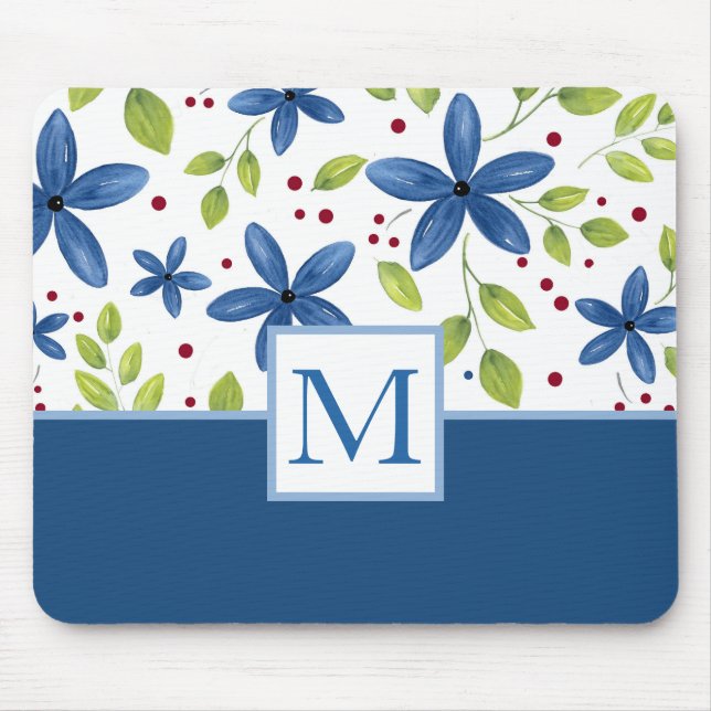 Tapis De Souris Indigo Watercolor Floral Bouquet Motif (Devant)