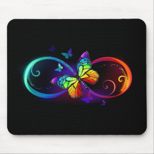 Tapis De Souris Infini vibrant avec papillon arc-en-ciel sur noir