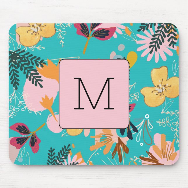 Tapis De Souris Initiale amoureux de la nature Bleu Rose floral Ab (Devant)