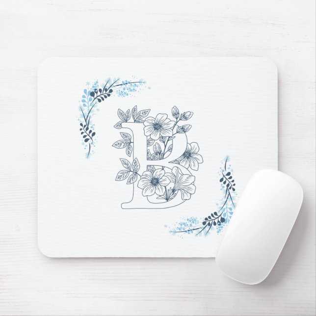 Tapis De Souris Initiale "B" Monogramme bleu Calme Floral (Avec souris)