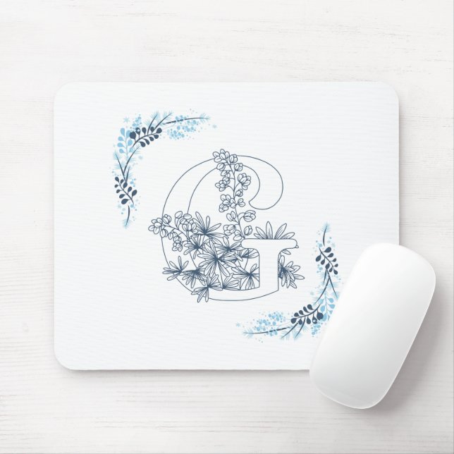 Tapis De Souris Initiale "G" Monogramme bleu Calme Floral (Avec souris)