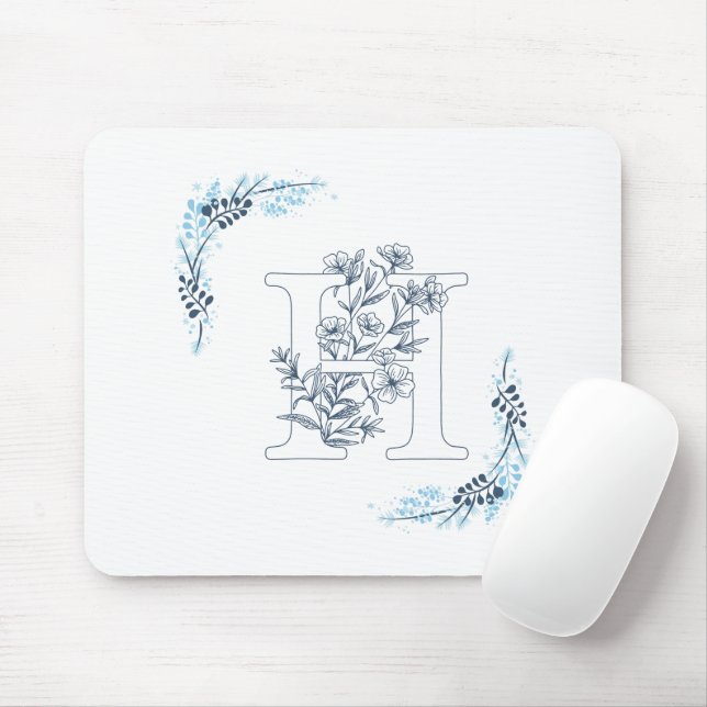 Tapis De Souris Initiale "H" Monogramme bleu Calme Floral (Avec souris)