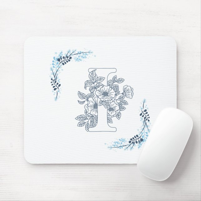 Tapis De Souris Initiale "I" Monogramme Bleu Calme Floral (Avec souris)