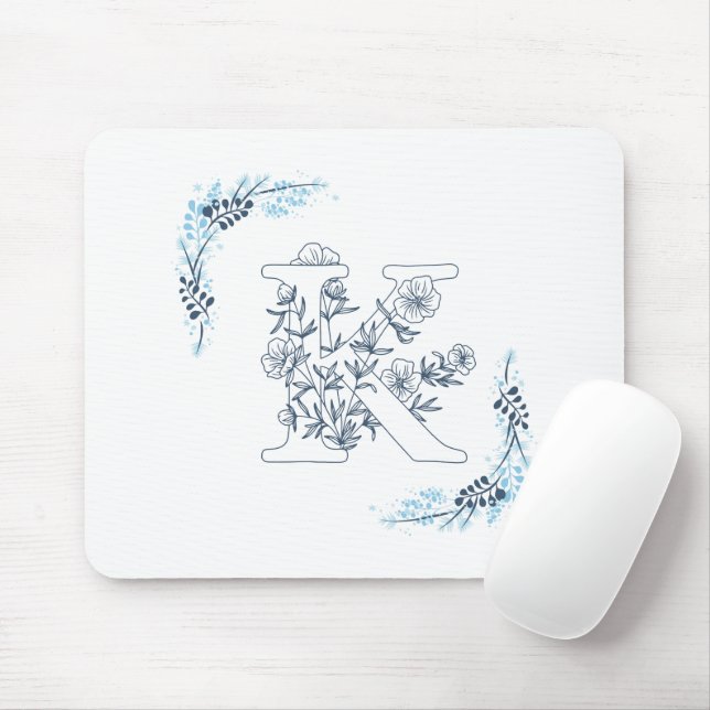 Tapis De Souris Initiale "K" Blue Monogram Calme Floral (Avec souris)
