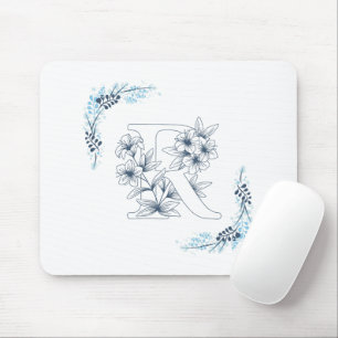 Tapis De Souris Initiale "R" Monogramme bleu Calme Floral