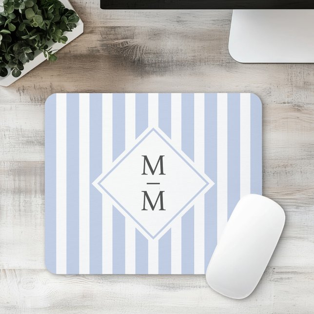 Tapis De Souris Initiales monogrammes bleu clair pâle rayures blan (Monogram initials dusty light blue white stripes mouse pad)