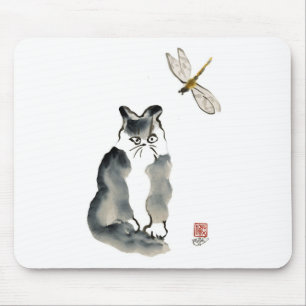 Tapis De Souris Insecte désagréable [libellule] et chaton gris