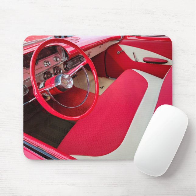 Tapis De Souris Intérieur de la vieille voiture rouge et blanc (Avec souris)