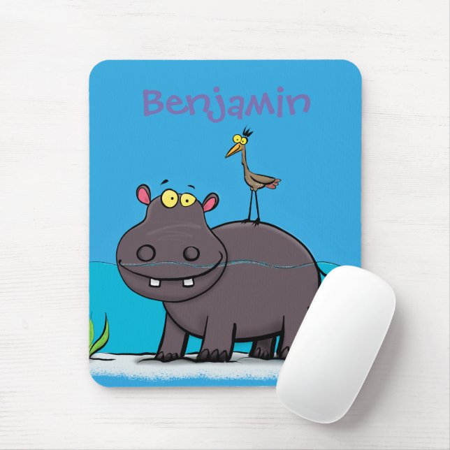 Tapis De Souris Ippopotame drôle mignon avec dessin animé d'oiseau (Avec souris)