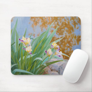 Tapis De Souris Irises jaunes et pourpres avec lumière dorée