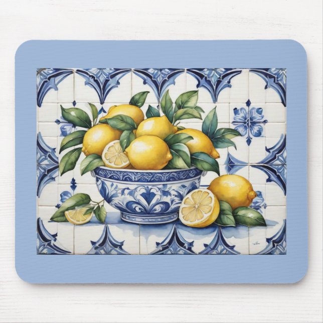 Tapis De Souris Italien Amalfi bleu carreaux blanc bol de citrons (Devant)