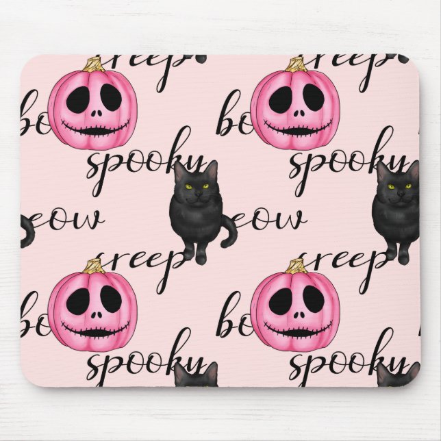 Tapis De Souris Jack-O-Lantern rose et chat noir (Devant)