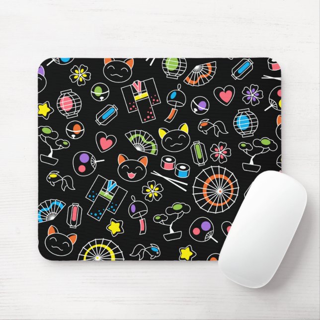Tapis De Souris Japonais Kawaii Doodles de culture sur le noir (Avec souris)