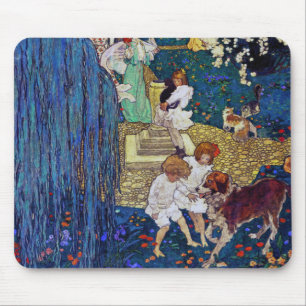 Tapis De Souris Jardin avec chien et chat, Jessie Willcox Smith