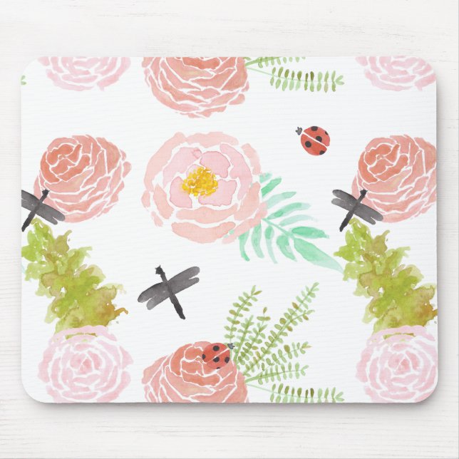 Tapis De Souris Jardin d'aquarelle de roses de libellules (Devant)