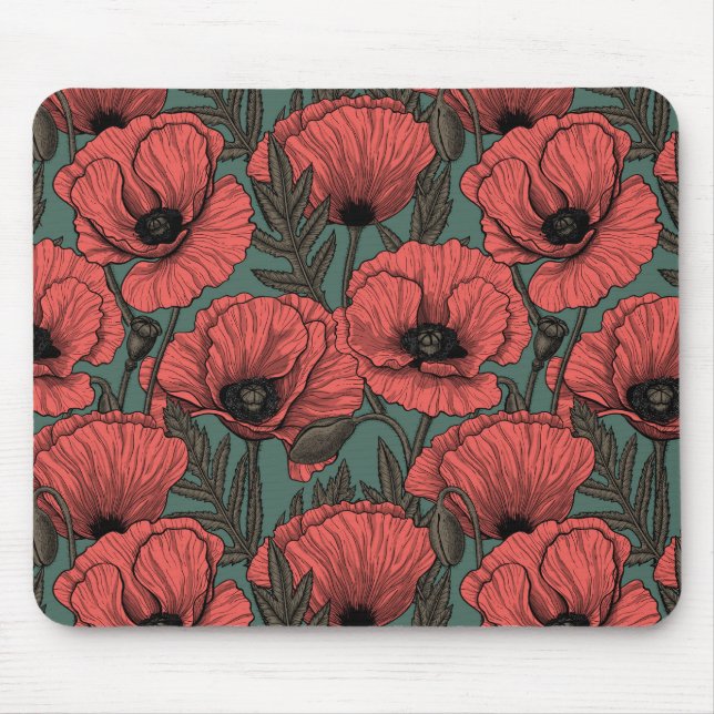 Tapis De Souris Jardin de coquelicot dans le corail, brun et vert  (Devant)