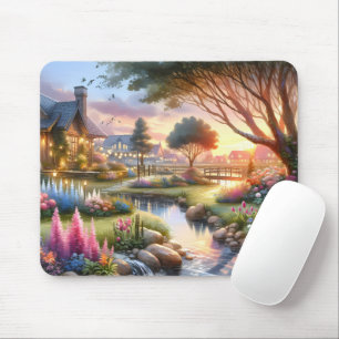 Tapis De Souris Jardin de Cottage Fantaisiste au Coucher du Soleil