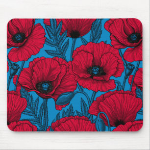 Tapis De Souris Jardin de pavot rouge sur bleu